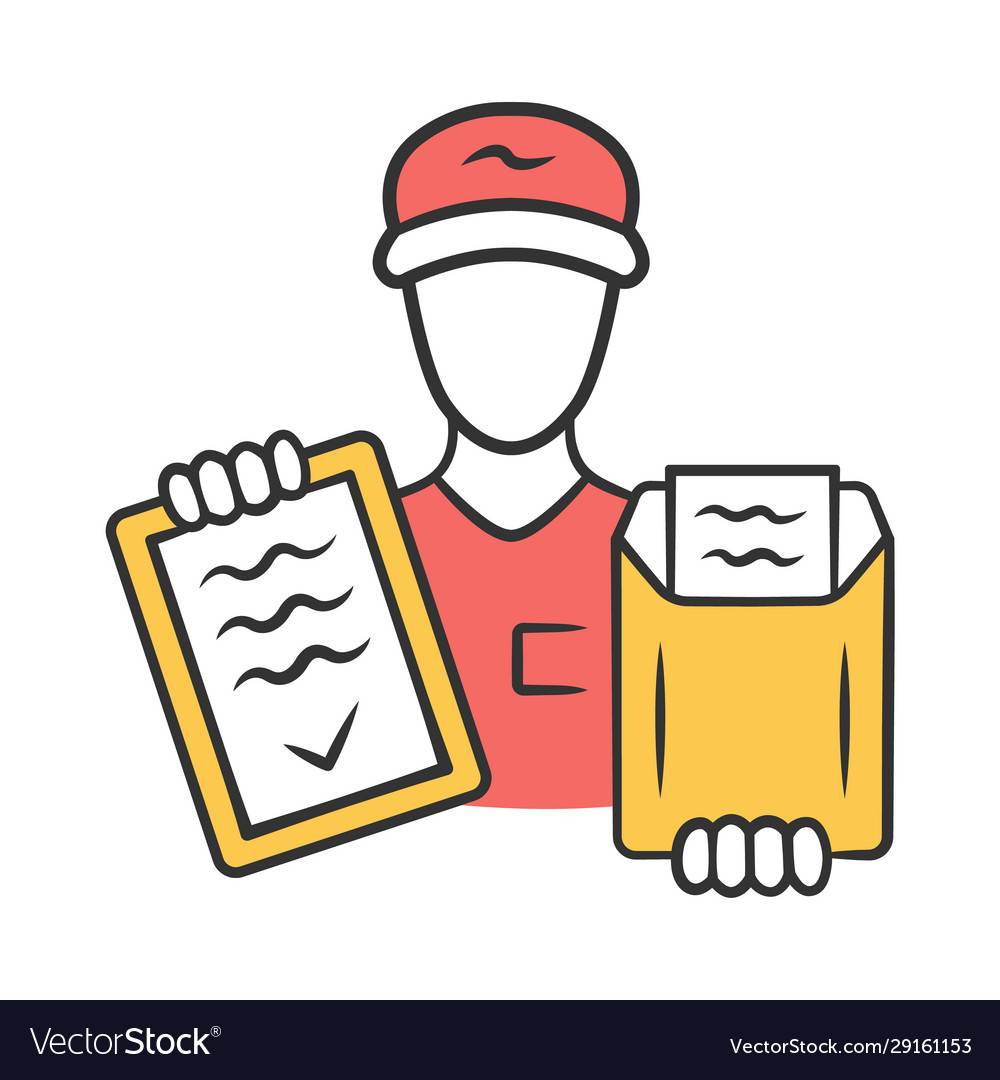 Document delivery color icon. Express courier service. Postman, deliveryman holding clipboard with invoice. Parcel, small package delivering. Fast shipping. Isolated vector illustration