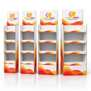 Foldable cardboard POP display stands in 4 sizes, printed with ExpressPrint branding
