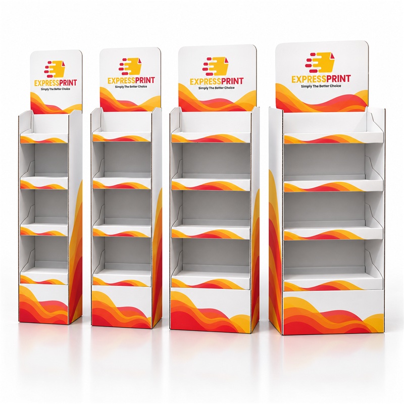 Foldable cardboard POP display stands in 4 sizes, printed with ExpressPrint branding