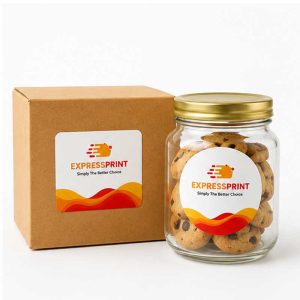 custom label stickers applied on packaging box and glass jar for branding and product labeling use