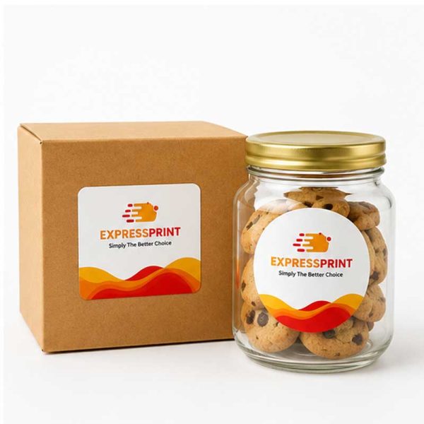 custom label stickers applied on packaging box and glass jar for branding and product labeling use