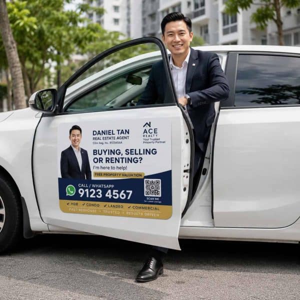Custom magnetic cutout sign on car door in Singapore — removable rubber magnet for vehicle branding