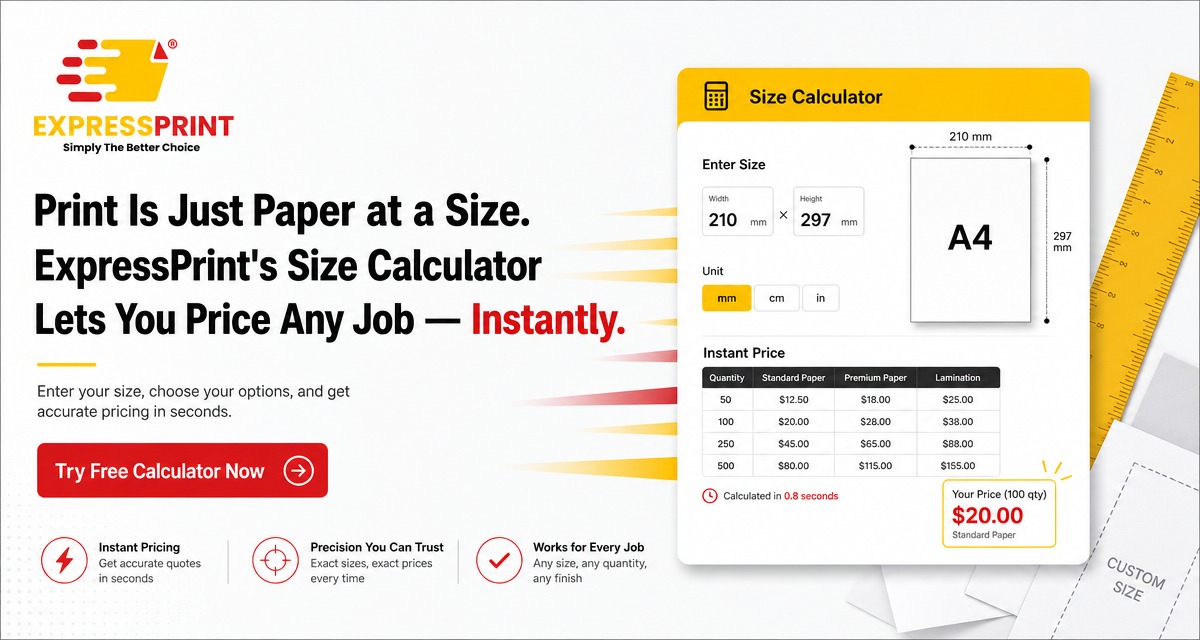 ExpressPrint Size Calculator banner showing instant pricing tool for custom print jobs with A4 size example at $20