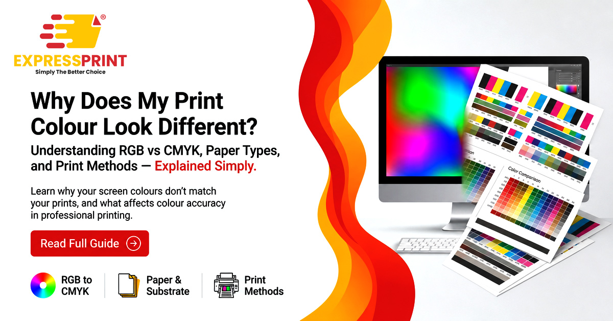 ExpressPrint Singapore educational guide on why printed colours look different from screen — showing computer monitor with vibrant RGB gradient alongside printed CMYK colour comparison charts and swatches, with icons for RGB to CMYK conversion, paper and substrate, and print methods